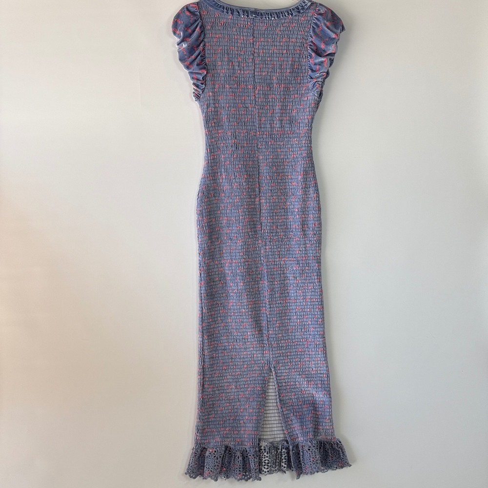 Free People McKenna Velvet Midi Dress Womens XS Blue Pink Floral Smocked Ruffle - Picture 13 of 16